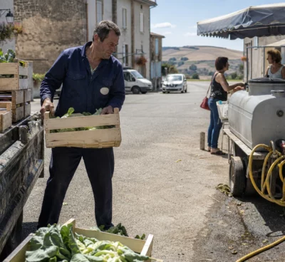 Agriculteur vendant ses légumes sur un marché communal, dans un contexte de sécheresse et d’aides agricoles incertaines