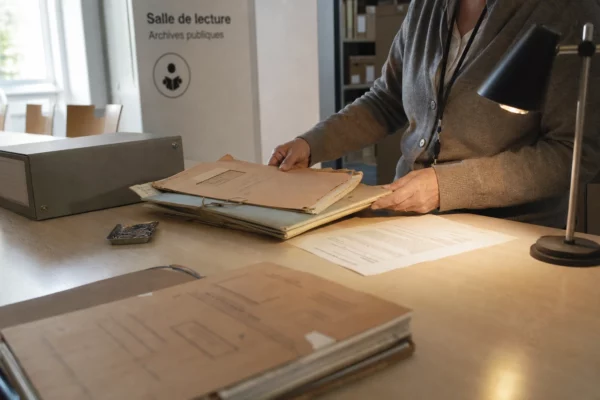 Mains anonymes consultant des dossiers administratifs dans une salle d’archives publiques française