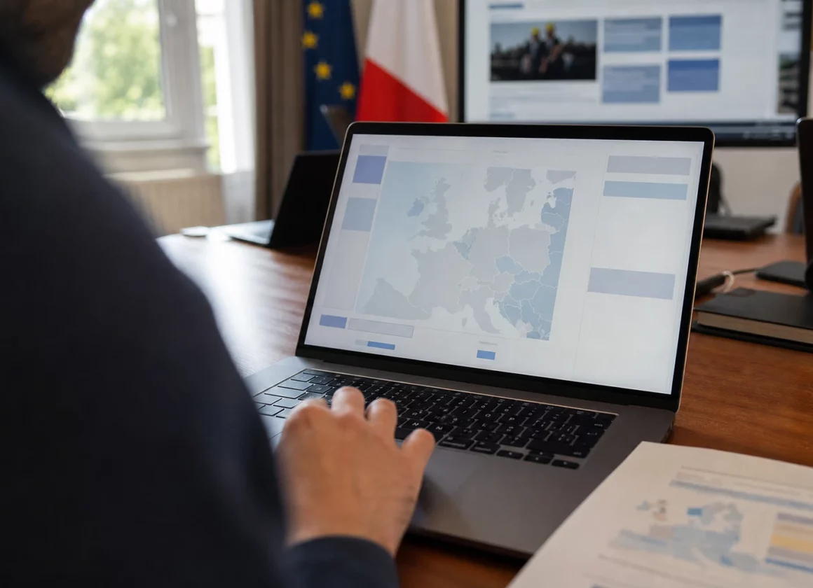Journaliste anonyme devant un ordinateur affichant une interface européenne abstraite dans un bureau politique français lumineux.