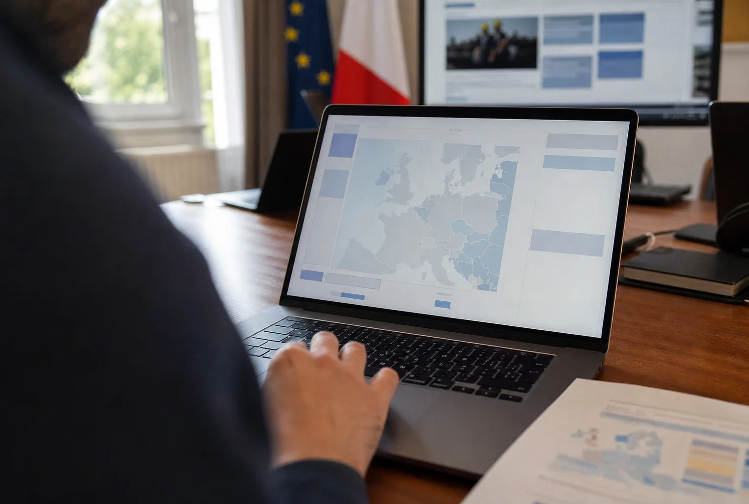 Journaliste anonyme devant un ordinateur affichant une interface européenne abstraite dans un bureau politique français lumineux.