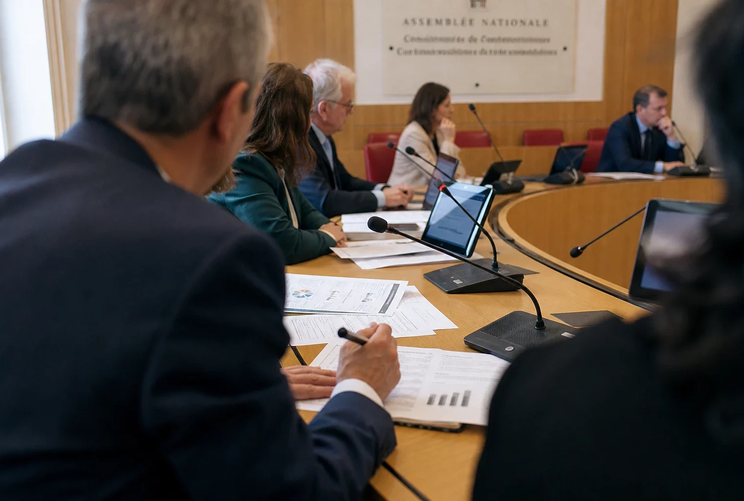 Réunion de commission parlementaire sur la cybersécurité du fisc, avec micros, dossiers et participants anonymes