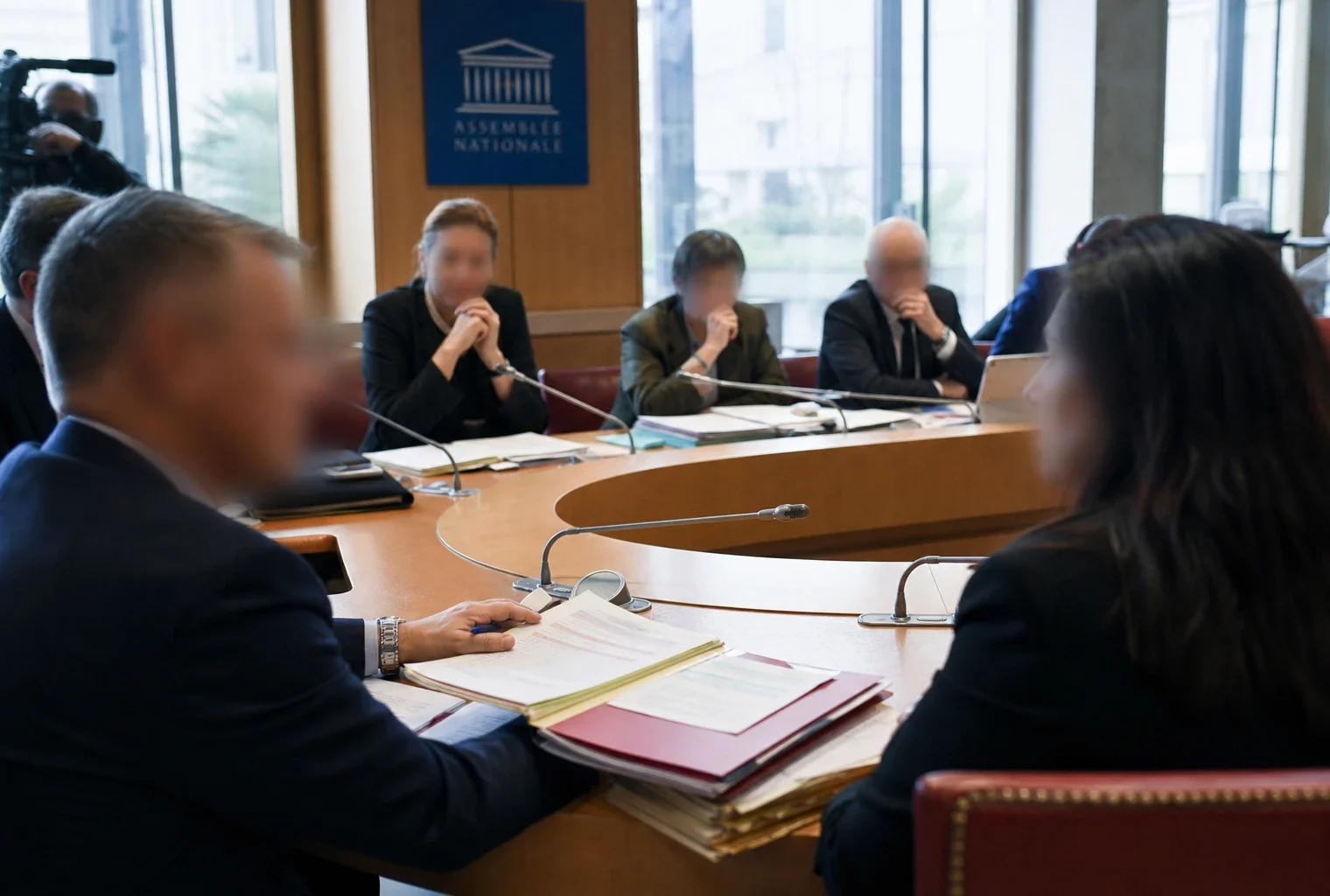 Réunion de commission parlementaire avec micros et dossiers, illustrant l’enquête sur l’altercation à Marseille