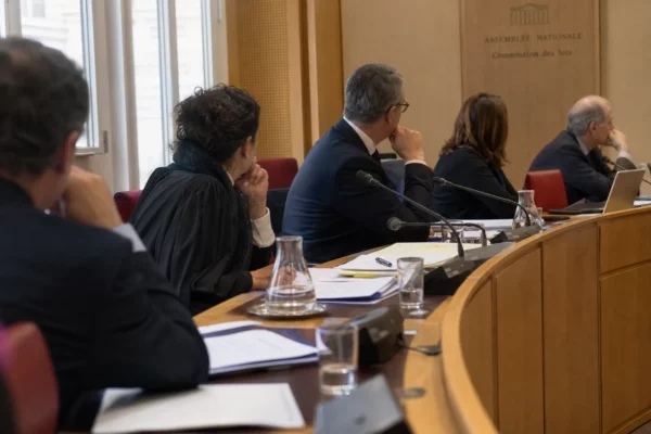 Audition parlementaire sur la pseudonymisation des policiers, avec micros, dossiers et participants anonymes autour d’une commission