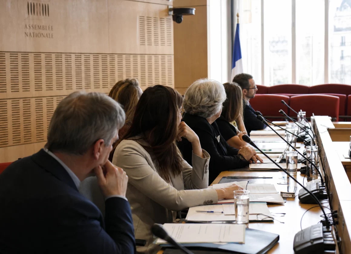 Audition institutionnelle dans une salle parlementaire française, avec micros, dossiers flous et silhouettes anonymes