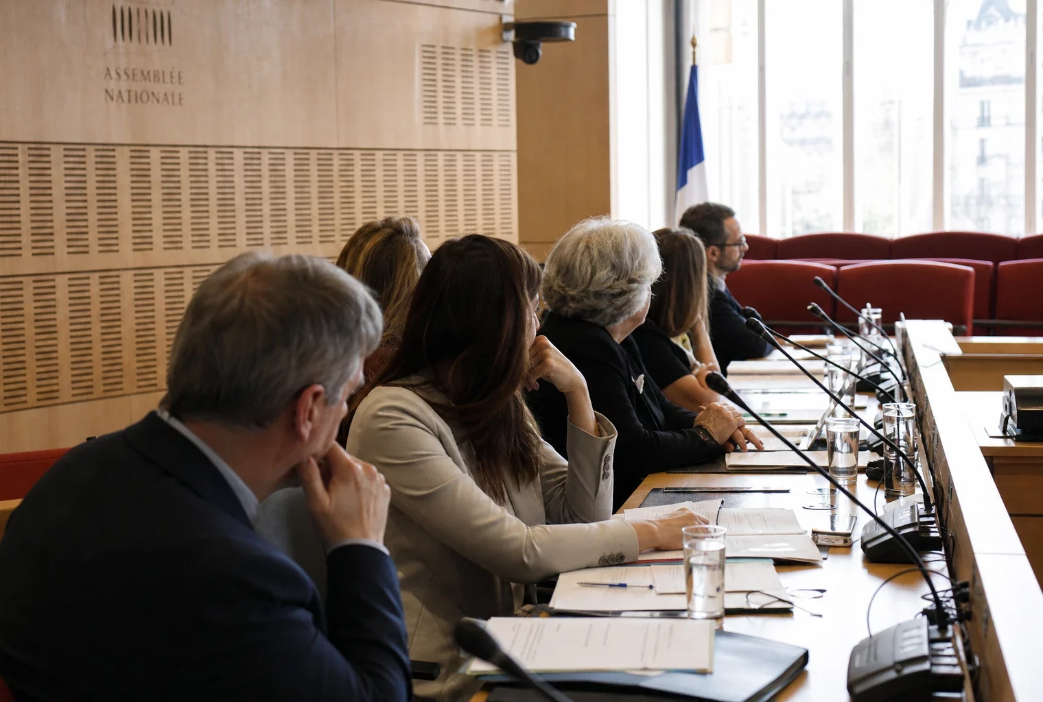 Audition institutionnelle dans une salle parlementaire française, avec micros, dossiers flous et silhouettes anonymes