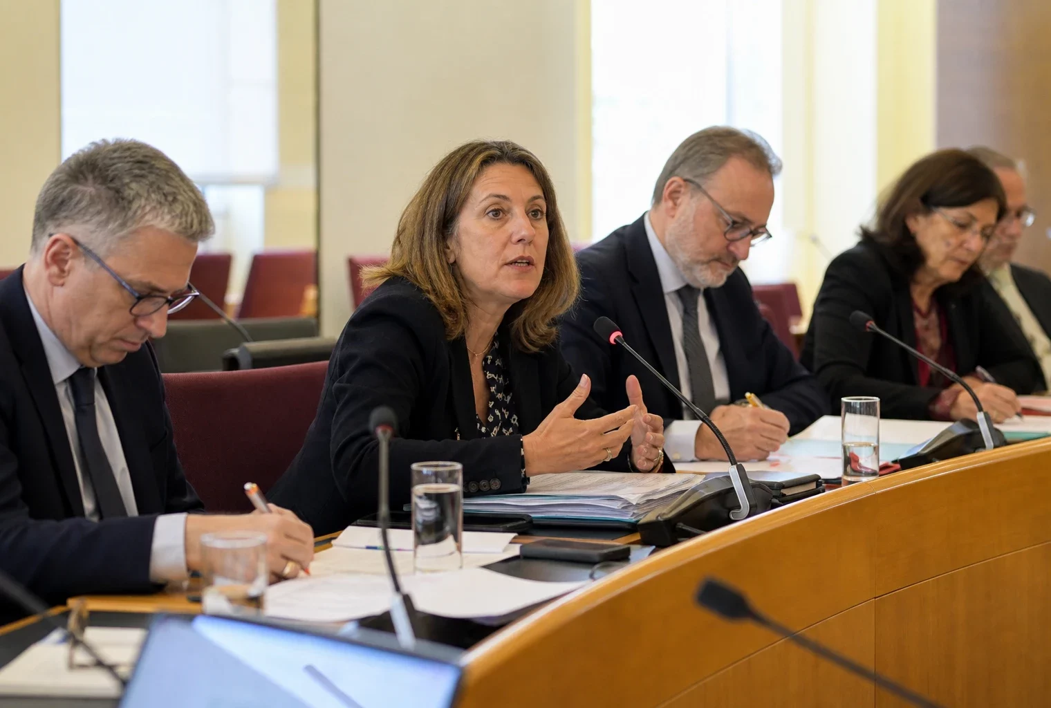 Réunion parlementaire avec micros et dossiers sur le financement de la lutte contre les mégots et les incendies