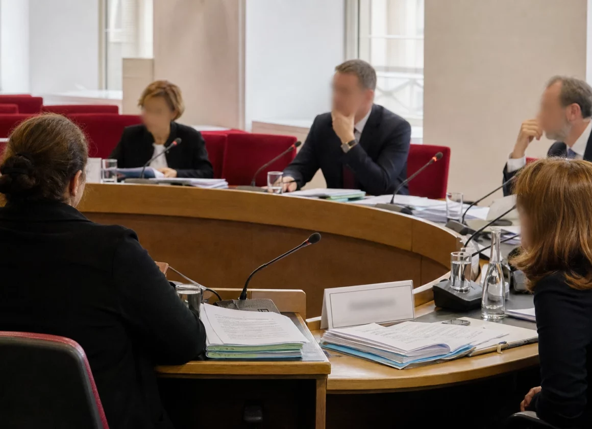 Réunion de commission parlementaire avec micros, dossiers et silhouettes anonymes dans une salle baignée de lumière naturelle.
