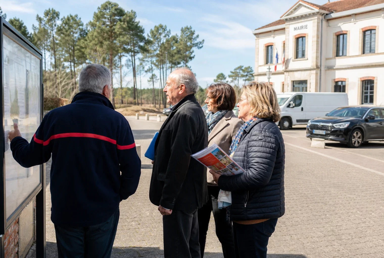 Habitants discutant de la prévention des incendies devant une mairie des Landes, avec la forêt de pins en arrière-plan