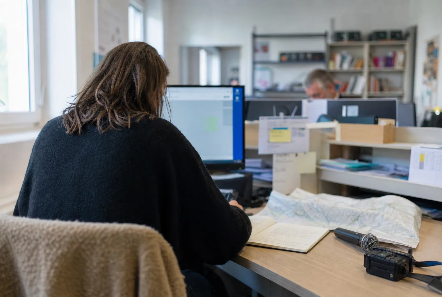 Journaliste préparant un sujet local dans une rédaction, avec carnet, carte floue et micro de presse sans logo