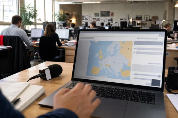 Journaliste consultant une interface européenne abstraite sur ordinateur dans une rédaction française