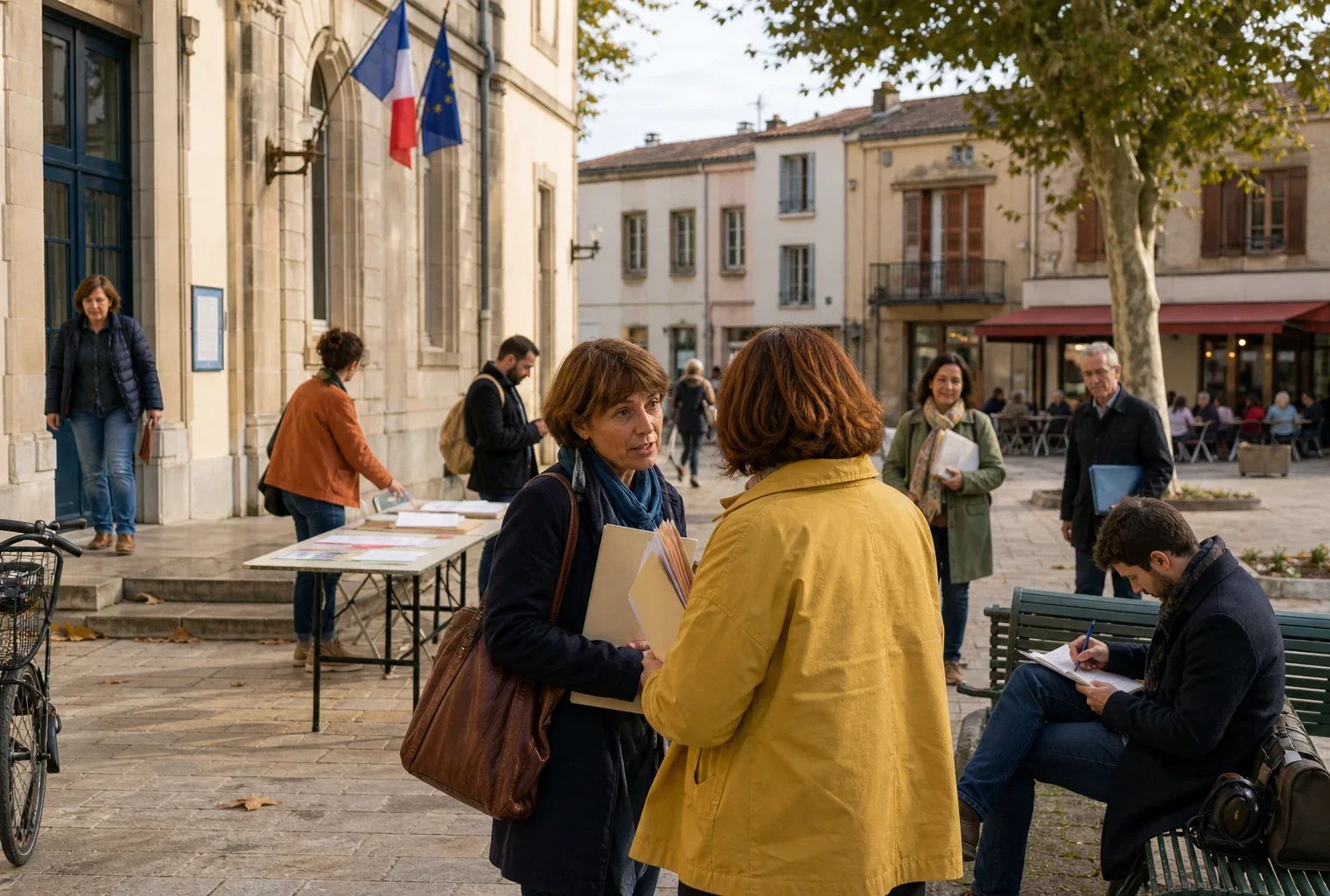 Habitants anonymes échangeant près d’une mairie d’une ville moyenne sur fond de débat politique local