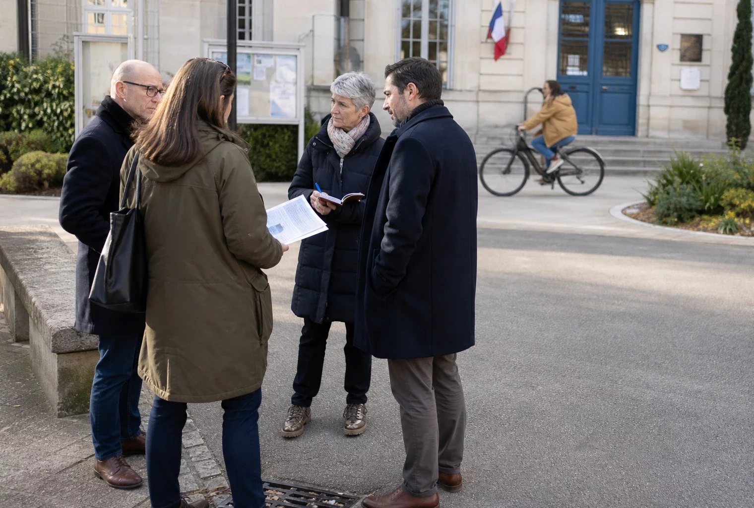 Citoyens anonymes échangeant devant une mairie française lors d’un débat politique local