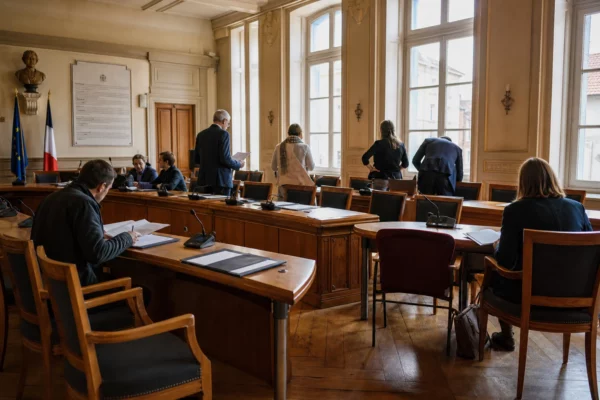 Salle municipale française avec une chaise vide, des micros et des dossiers lors de préparatifs budgétaires