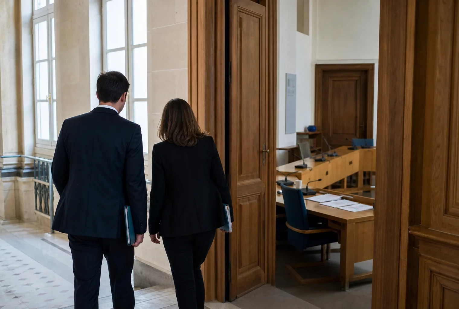 Couloir lumineux d’une institution publique française menant à une salle d’audition sur le budget 2027