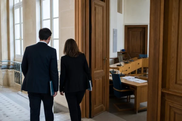 Couloir lumineux d’une institution publique française menant à une salle d’audition sur le budget 2027