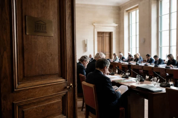 Couloir clair menant à une salle d’audition publique sur fond de débat budgétaire en France