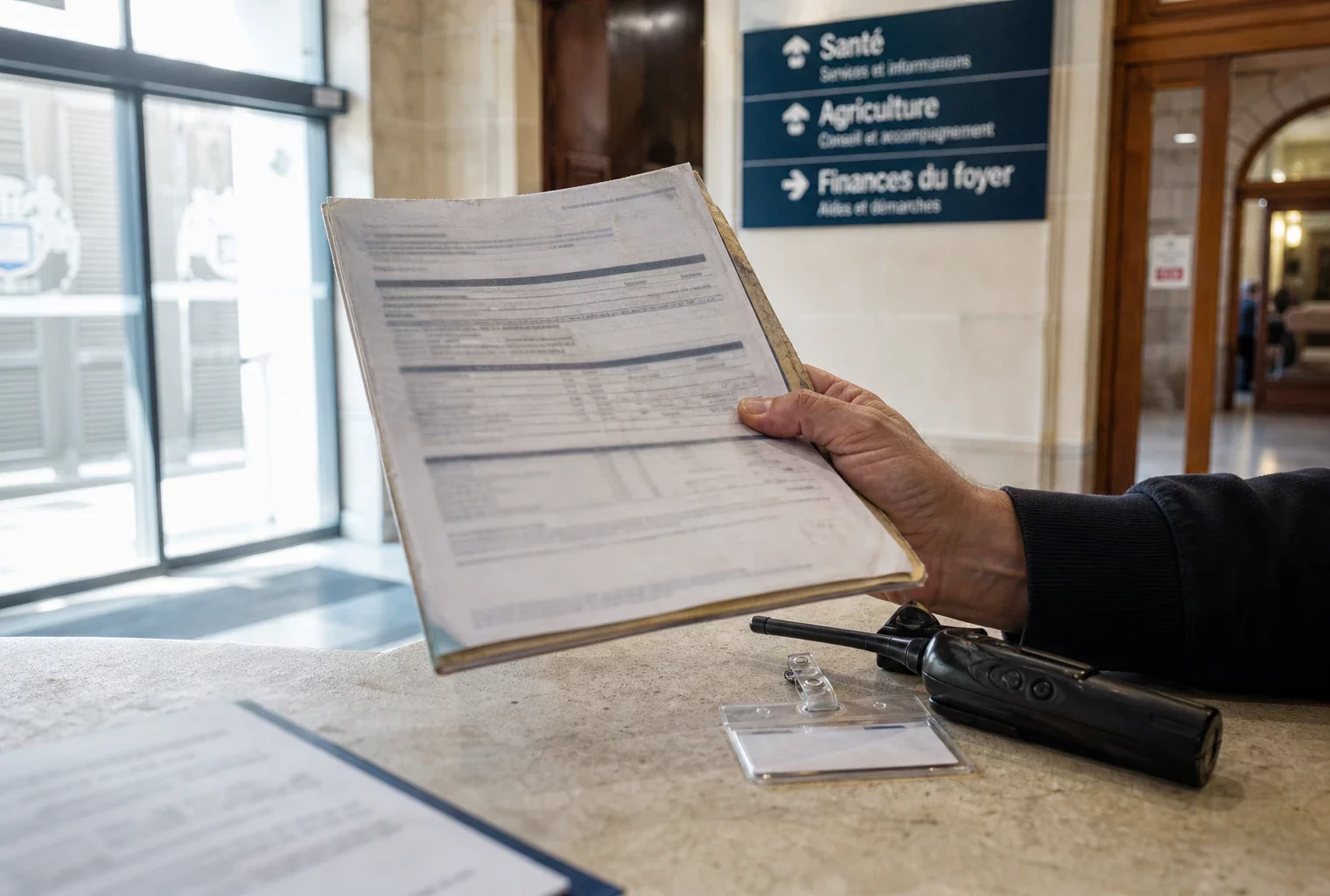 Main anonyme tenant un dossier administratif dans un hall public lumineux, image liée au budget 2027