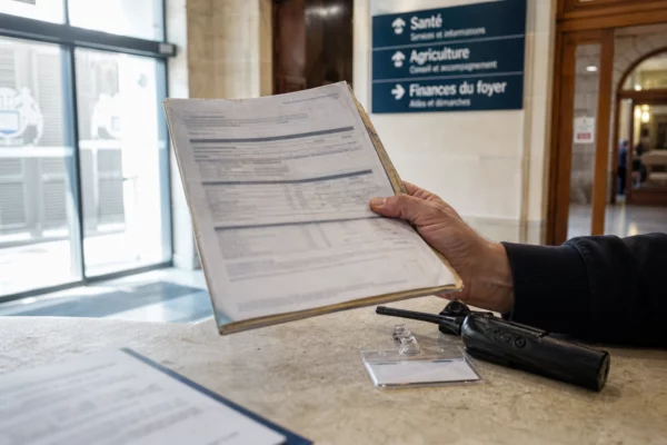 Main anonyme tenant un dossier administratif dans un hall public lumineux, image liée au budget 2027