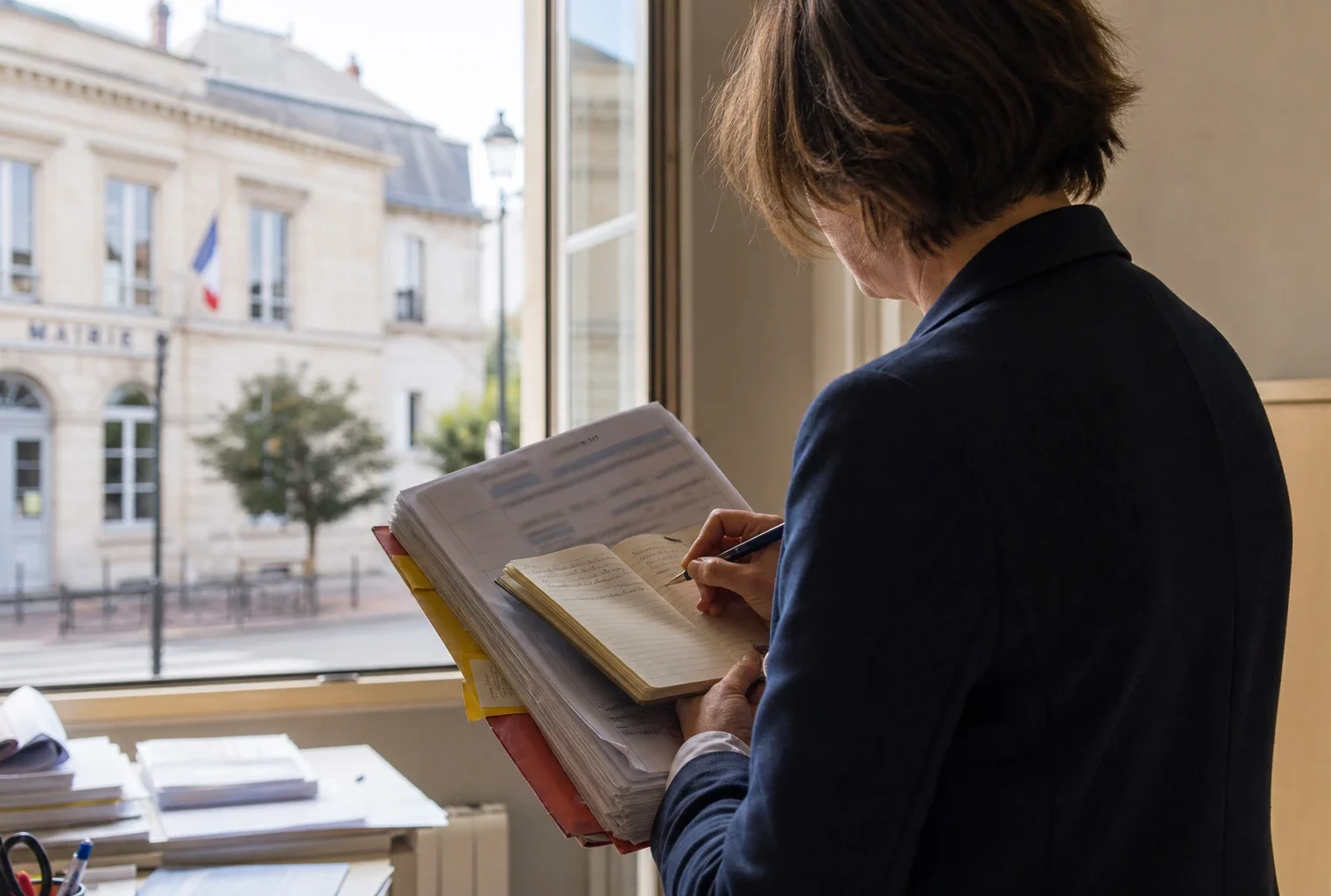 Élu local anonyme annotant un dossier budgétaire dans une mairie française lumineuse