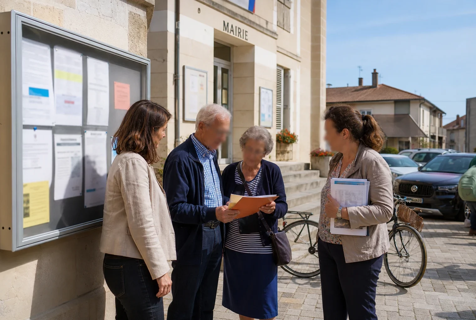 Citoyens anonymes échangeant devant une mairie française sur les effets possibles du budget 2027