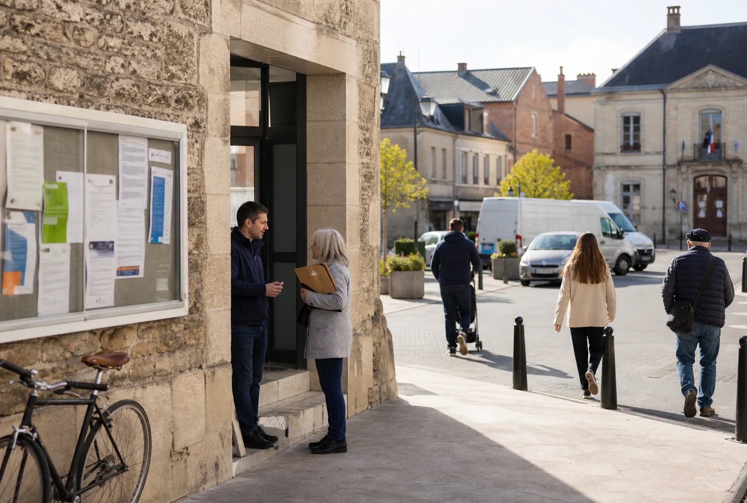 Habitants anonymes devant un équipement municipal français, évoquant l’impact local du budget 2027