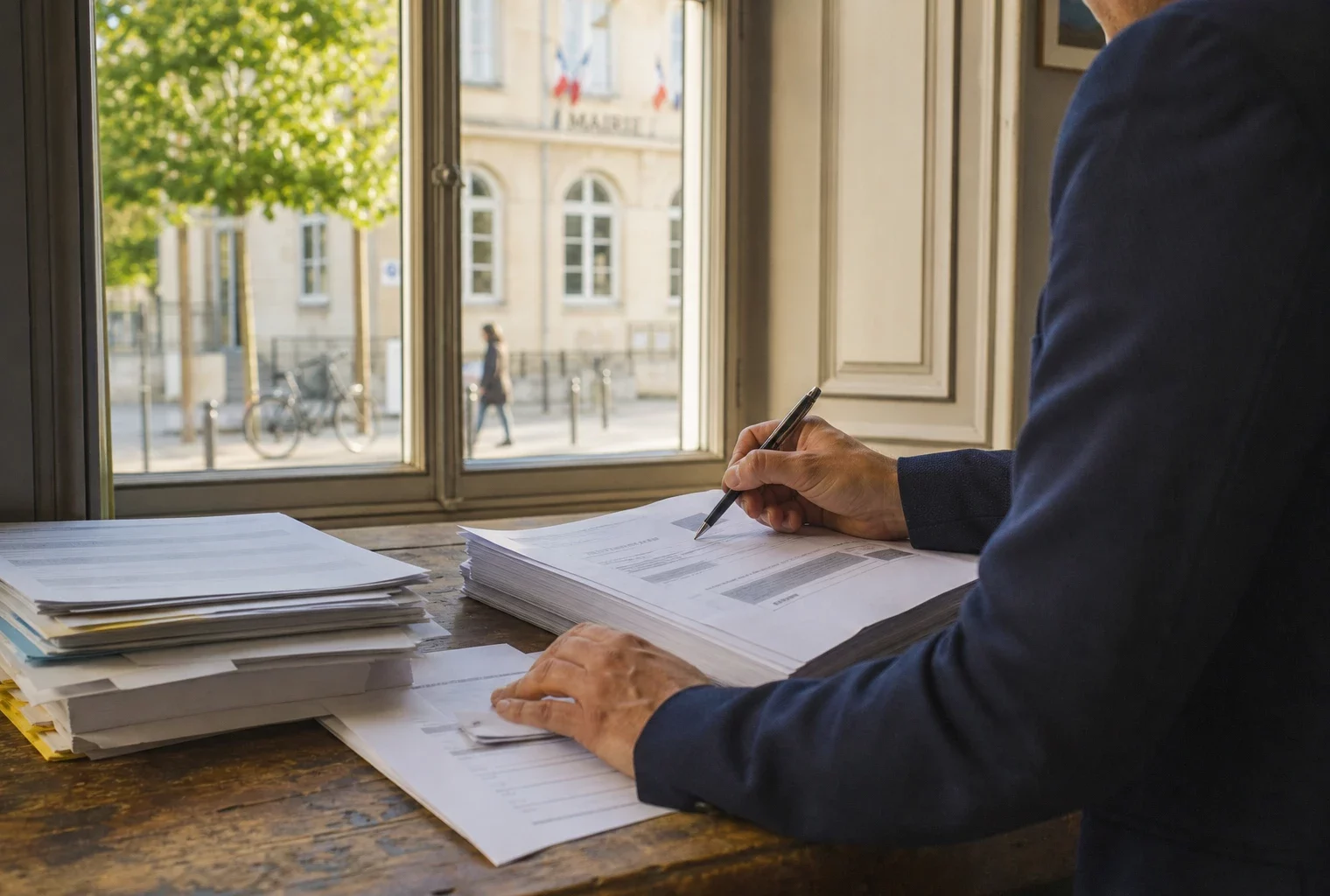 Élu local anonyme annotant un dossier budgétaire dans une mairie française lumineuse