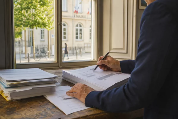 Élu local anonyme annotant un dossier budgétaire dans une mairie française lumineuse