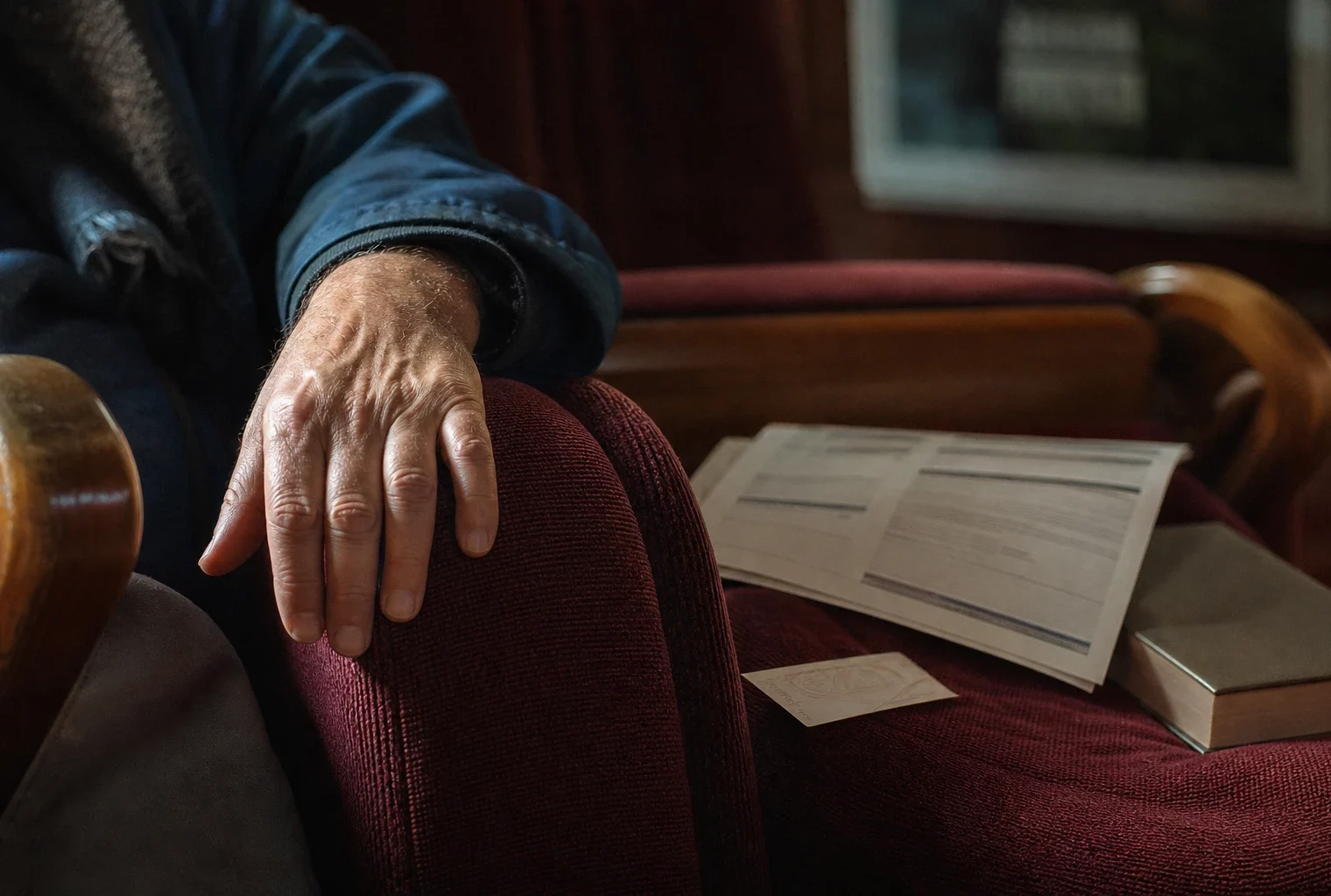 Main posée sur un fauteuil de salle culturelle près d’un billet et d’un programme flou, illustration des choix budgétaires sociaux