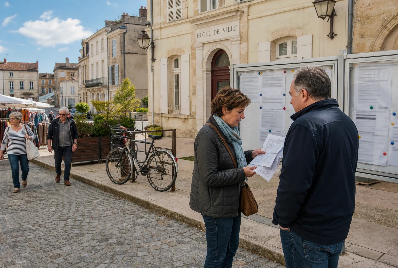 Habitants échangeant devant une mairie française, scène de terrain sur les enjeux du budget 2027