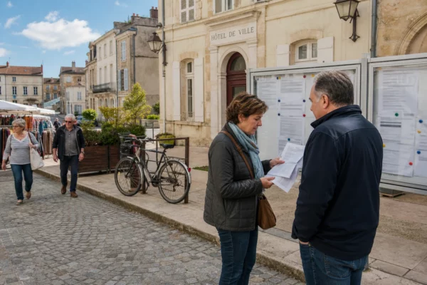 Habitants échangeant devant une mairie française, scène de terrain sur les enjeux du budget 2027
