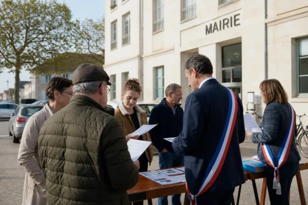 Citoyens anonymes échangeant devant une mairie française autour des enjeux du budget 2027