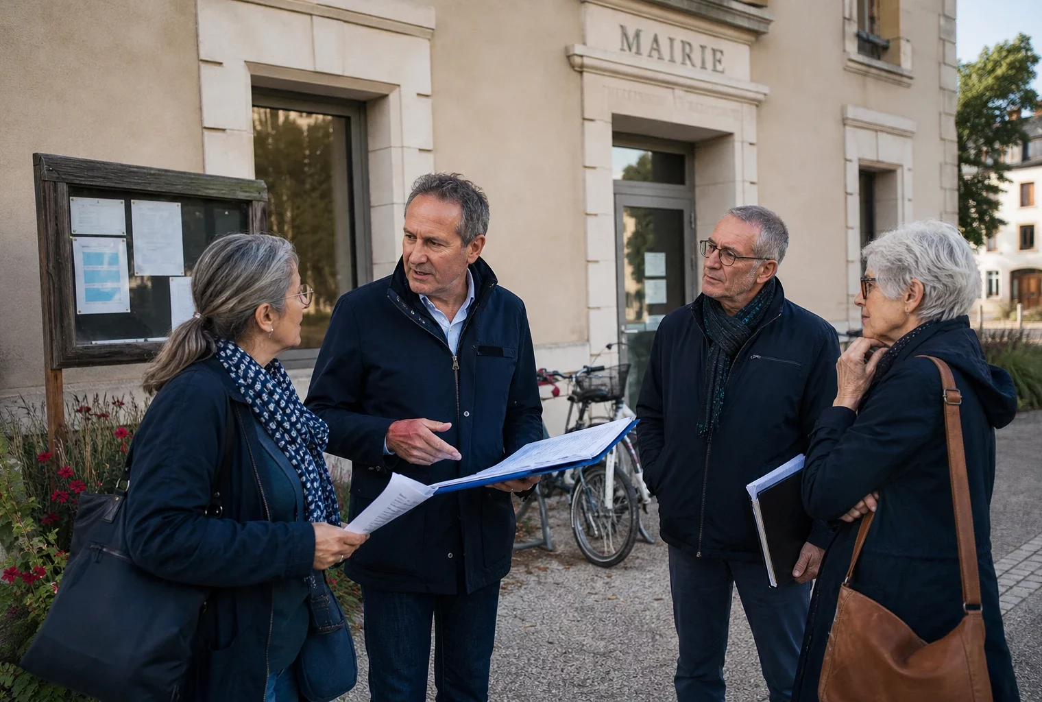 Citoyens échangeant devant une mairie française sur les effets concrets du budget 2027