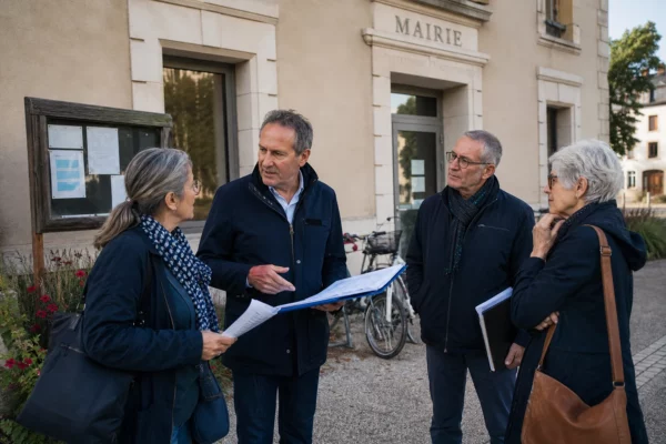 Citoyens échangeant devant une mairie française sur les effets concrets du budget 2027