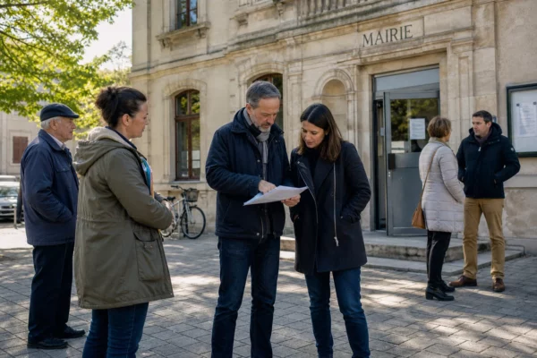 Citoyens et élus anonymes échangent devant une mairie française sur les enjeux concrets du budget public