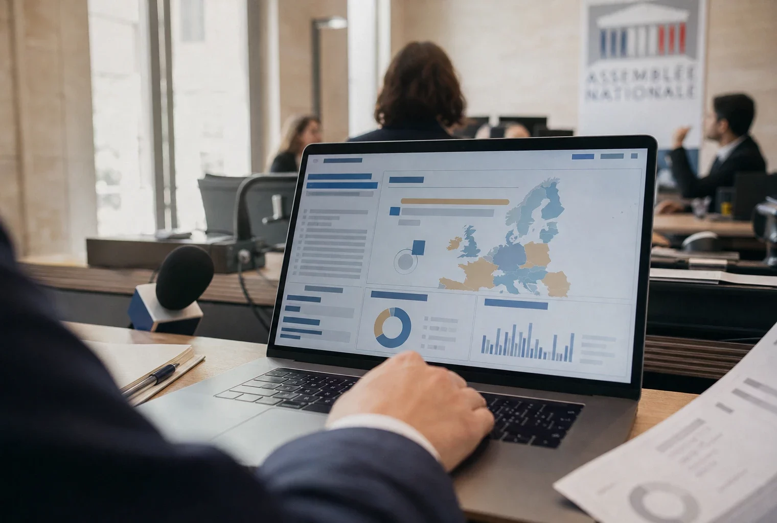 Journaliste au travail devant un écran affichant une interface européenne abstraite, dans une rédaction française lumineuse