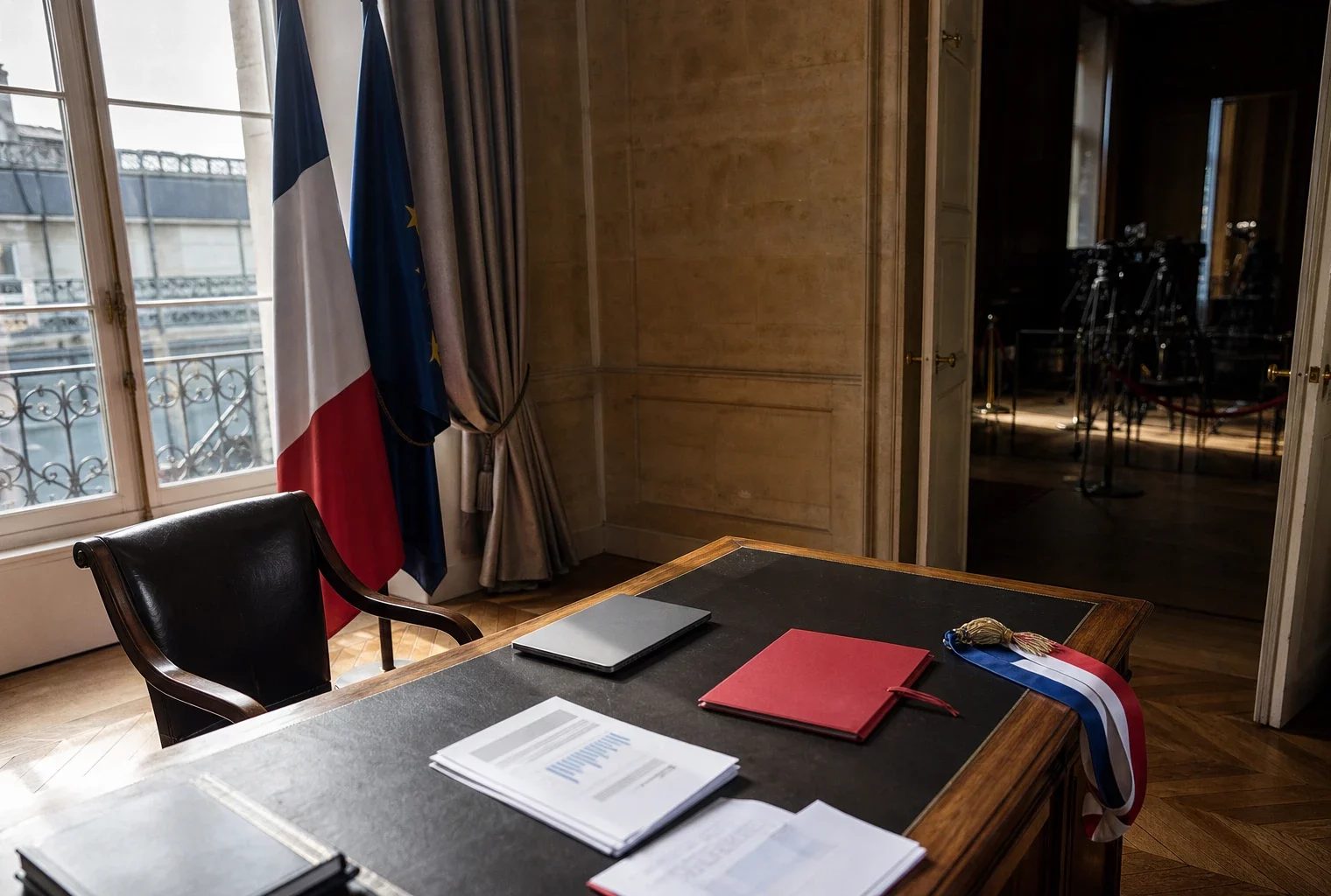 Bureau présidentiel français vide avec dossier rouge et chaise reculée, symbole d’une campagne politique sous tension