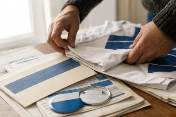 Gros plan d’une main sur un slogan de campagne vintage, avec tissu bleu et papier imprimé flou dans une ambiance de presse.