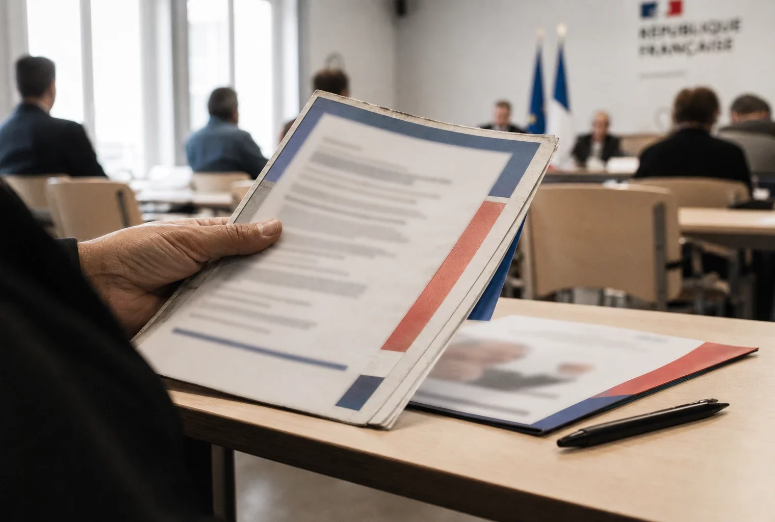 Main tenant un dossier de campagne présidentielle dans une salle civique française, avec documents aux textes flous