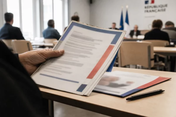 Main tenant un dossier de campagne présidentielle dans une salle civique française, avec documents aux textes flous