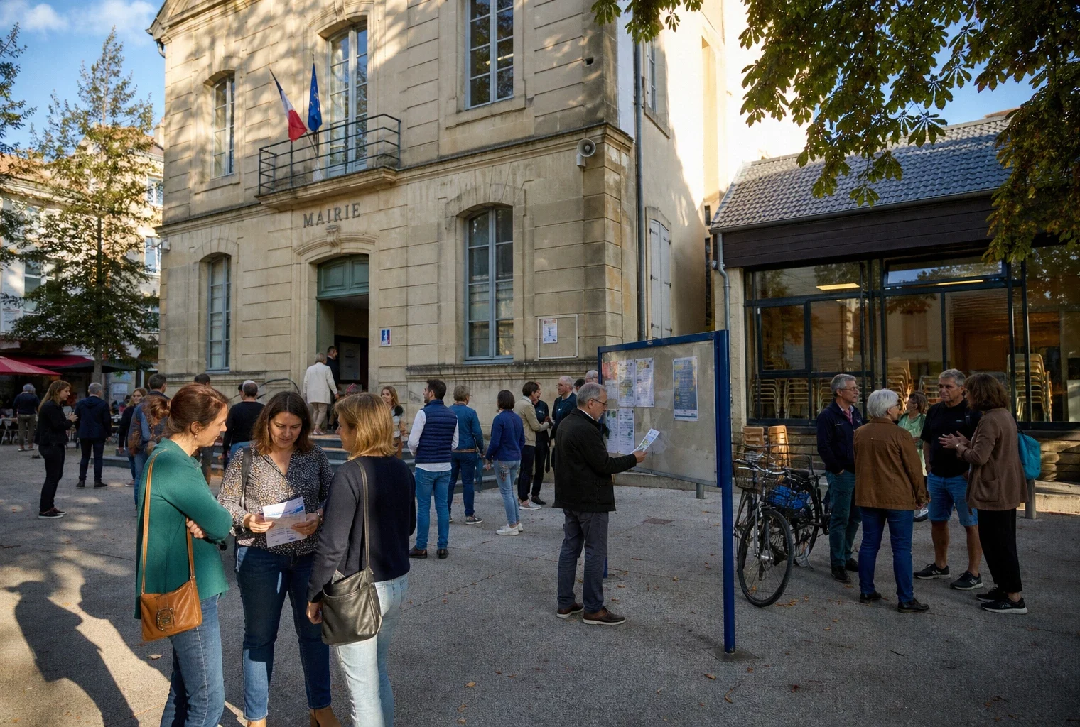Habitants anonymes échangent sur une place de commune française près d’un lieu civique local