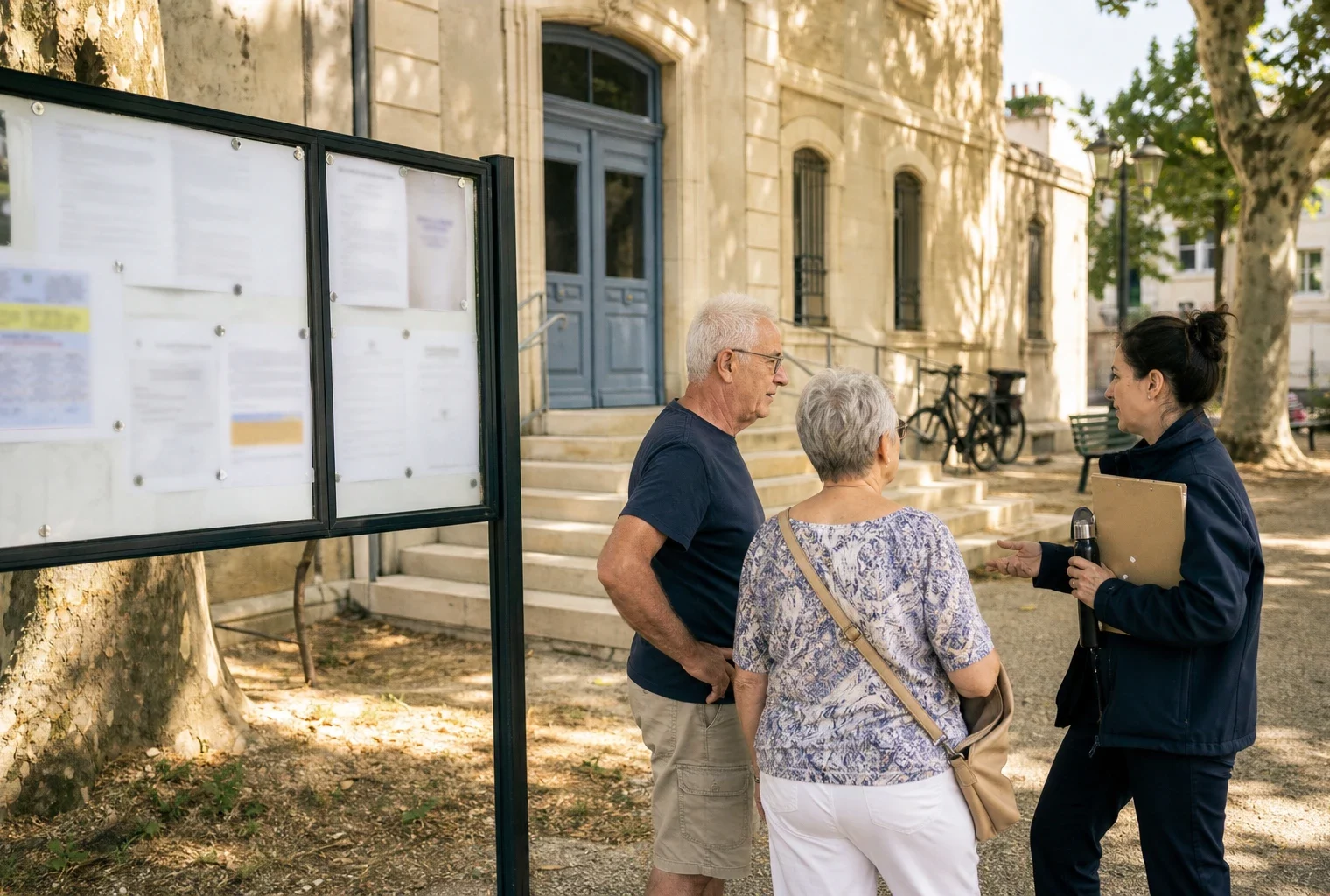 Citoyens échangeant devant une mairie française sur les mesures face à la canicule et aux risques d’incendie