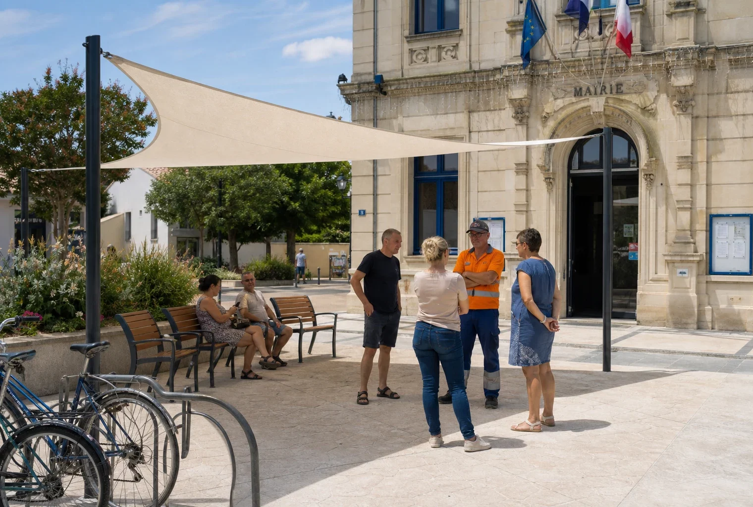 Devant une mairie française, des habitants passent sous une toile d’ombrage installée pour lutter contre la chaleur.