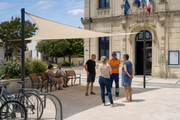 Devant une mairie française, des habitants passent sous une toile d’ombrage installée pour lutter contre la chaleur.