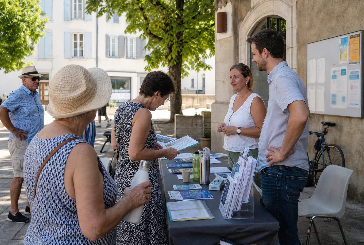 Habitants anonymes devant une mairie française lors d’une journée de forte chaleur