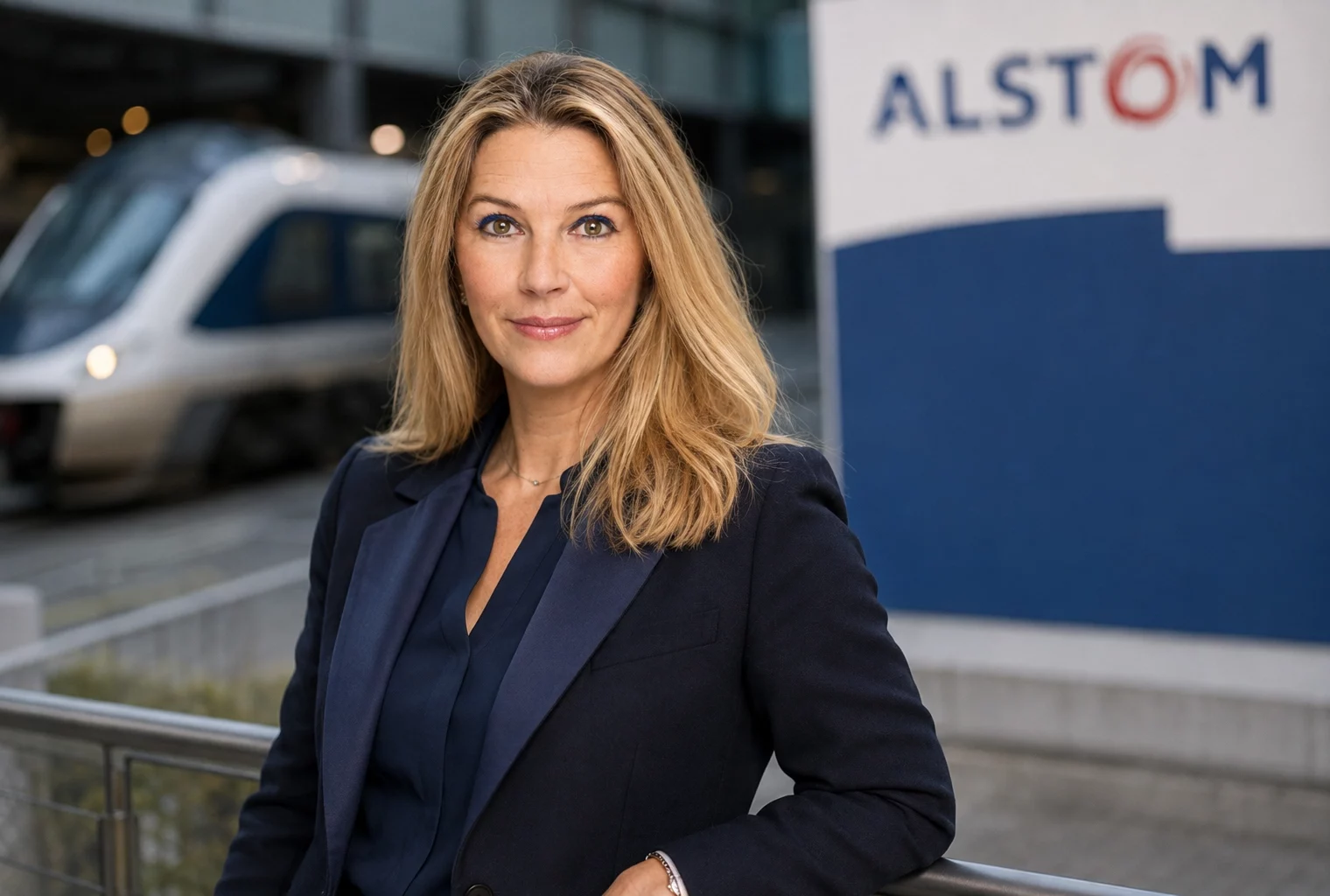 Cathy Pianon devant un train et une signalétique Alstom, à l’occasion de sa nomination à la direction de la communication du groupe