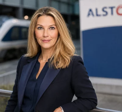 Cathy Pianon devant un train et une signalétique Alstom, à l’occasion de sa nomination à la direction de la communication du groupe
