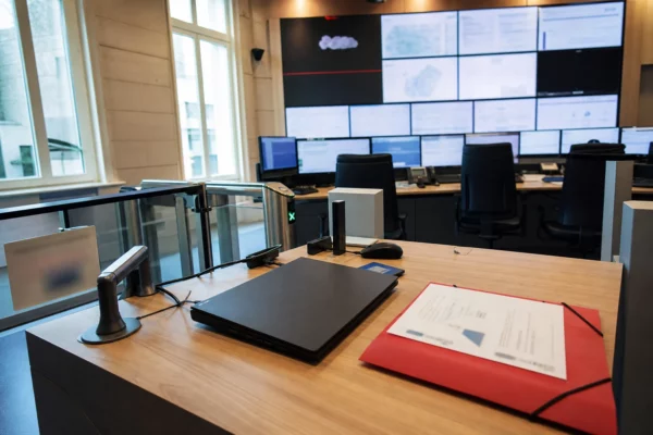 Salle institutionnelle française sécurisée avec ordinateur fermé et écrans abstraits après le piratage des impôts
