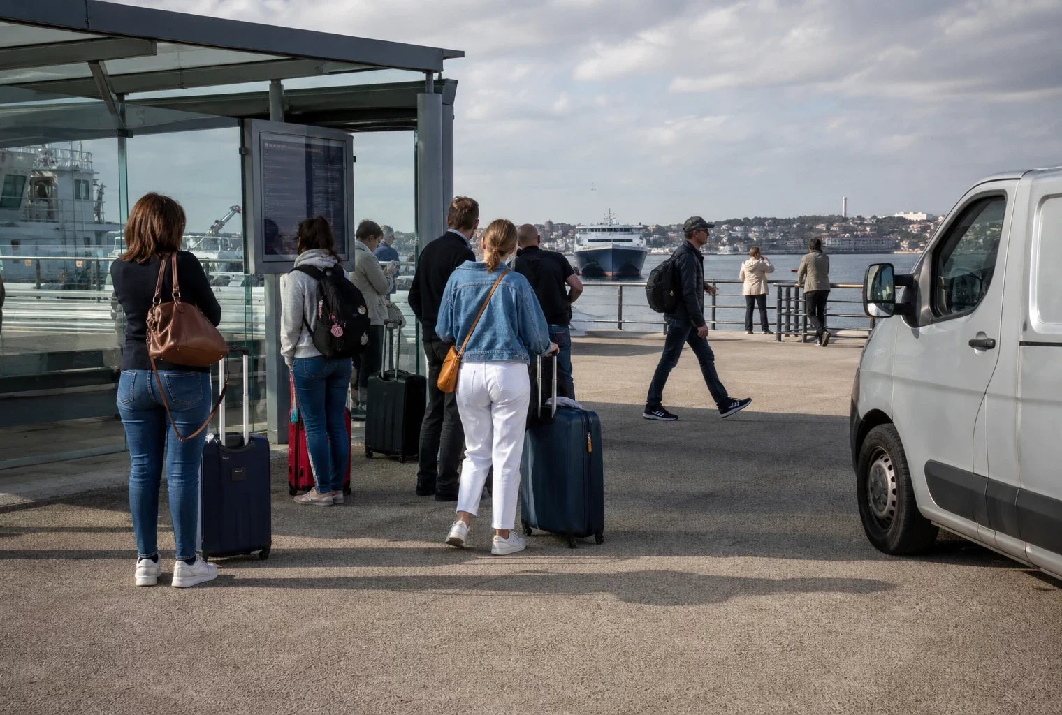 Des voyageurs anonymes attendent dans un terminal maritime français, image de reportage sur les frontières et l’immigration
