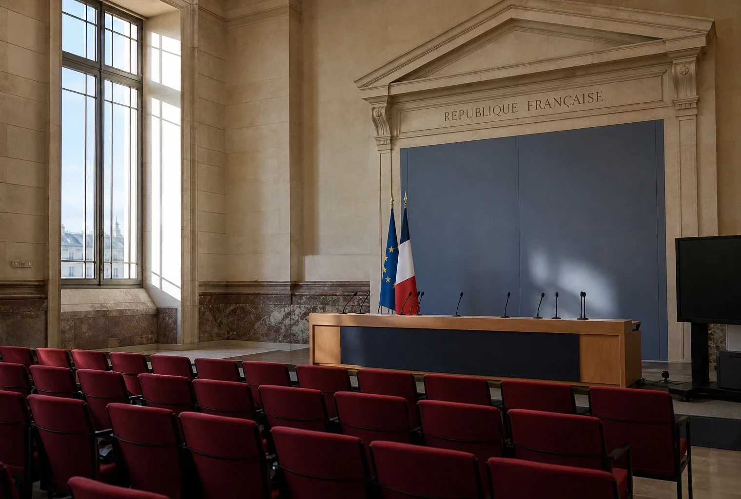 Salle de presse institutionnelle française vide avec pupitre, micros et lumière du matin, en ambiance sobre et claire.