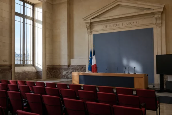 Salle de presse institutionnelle française vide avec pupitre, micros et lumière du matin, en ambiance sobre et claire.